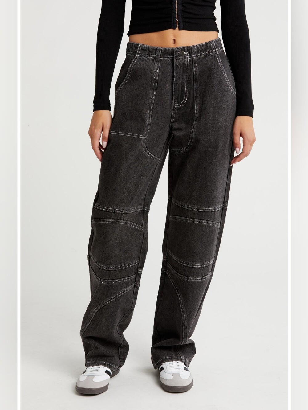 PTCL Moto Pop Stitch High Waist Straight Leg Baggy Jeans Black Rinse
